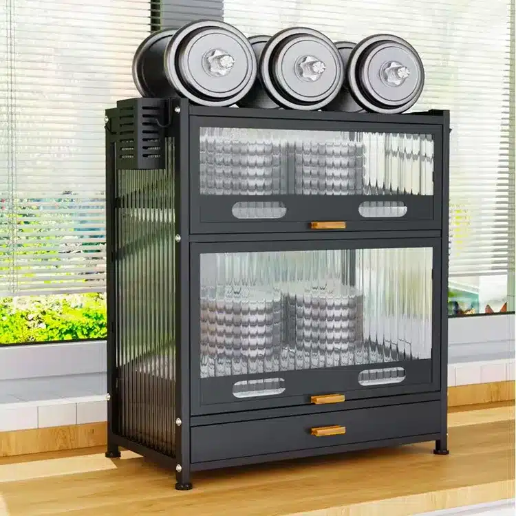 Multi-Layer Kitchen Dish Rack Storage Cabinet with Sliding Doors - Product Details